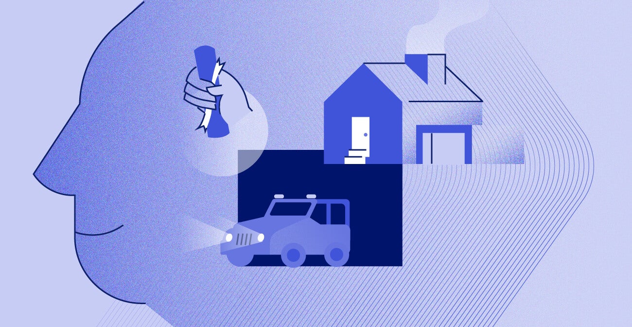 Image of head silhouette with house car and documentation on top in blue and purpose colors