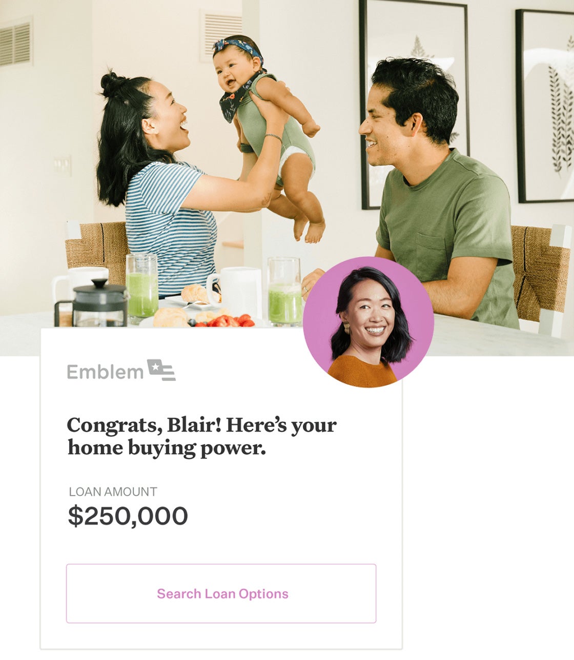 Preview of loan options application on mobile app below image of woman and man holding a baby in the air