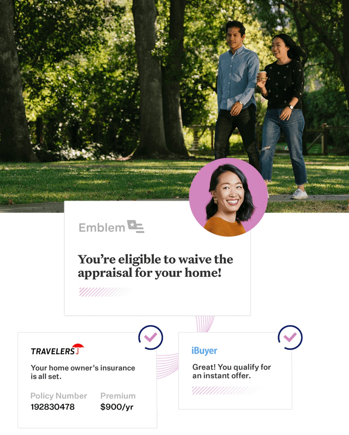 Man and woman walking in the outdoors with an image of a confirmation notification