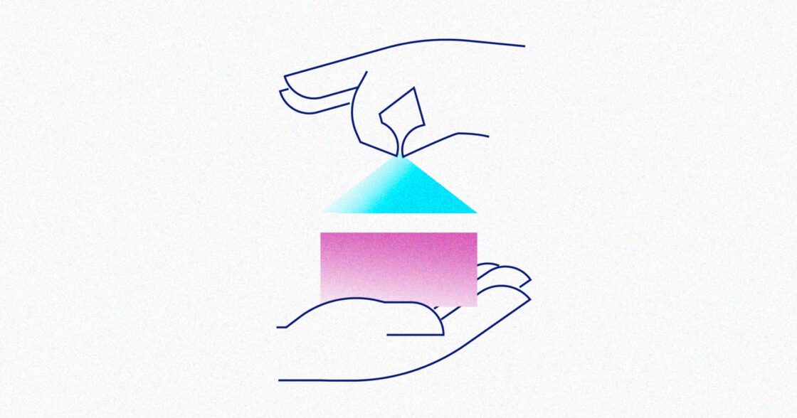 Illustration of two hands constructing a block house