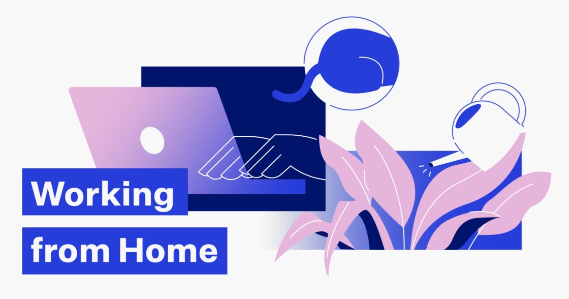 Illustration of a plant and a person working on a laptop