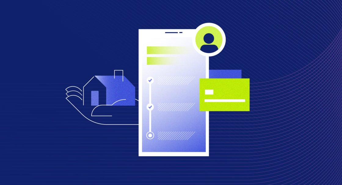 Illustration of an abstracted phone UI with a home in a hand