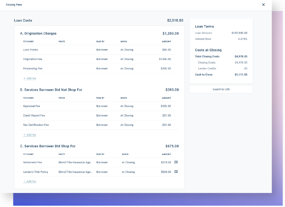 Product screen of streamlined collaboration on closing fees