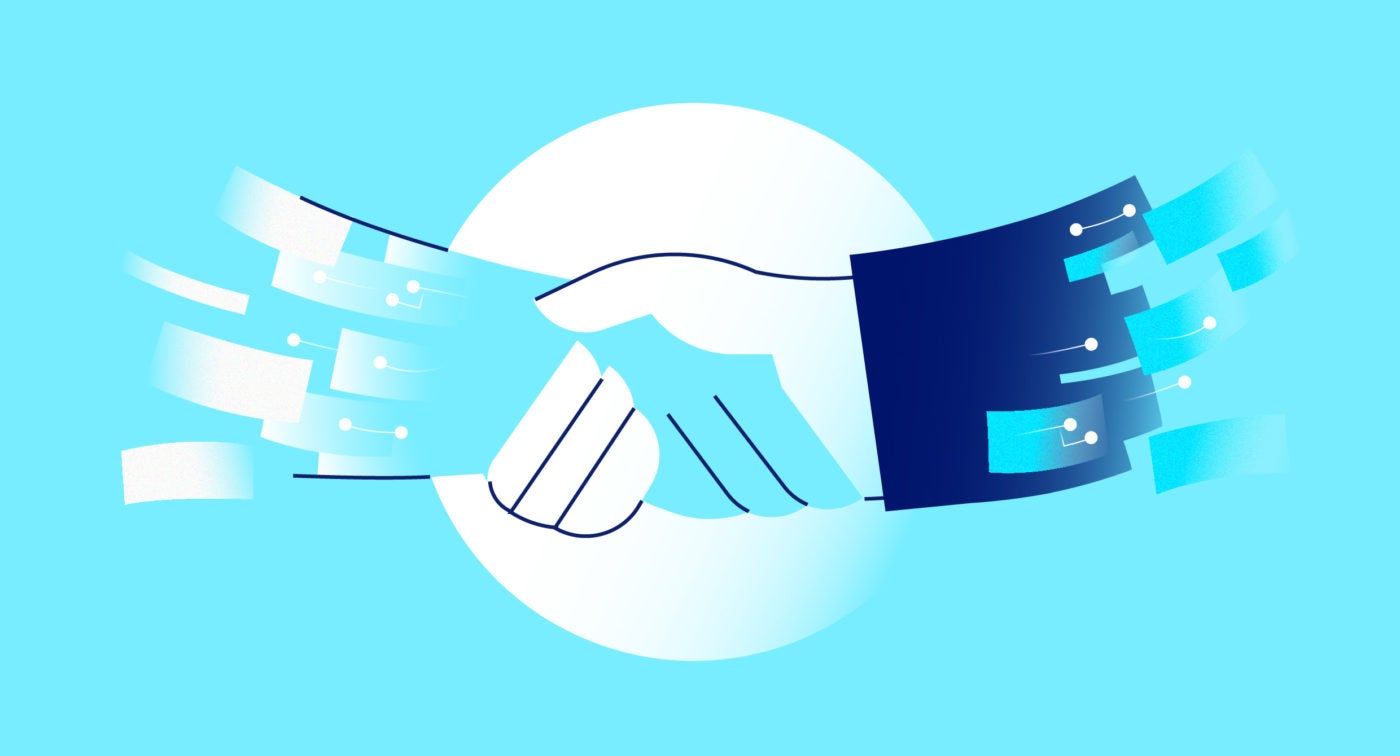 Illustration of a handshake on top of a light blue background