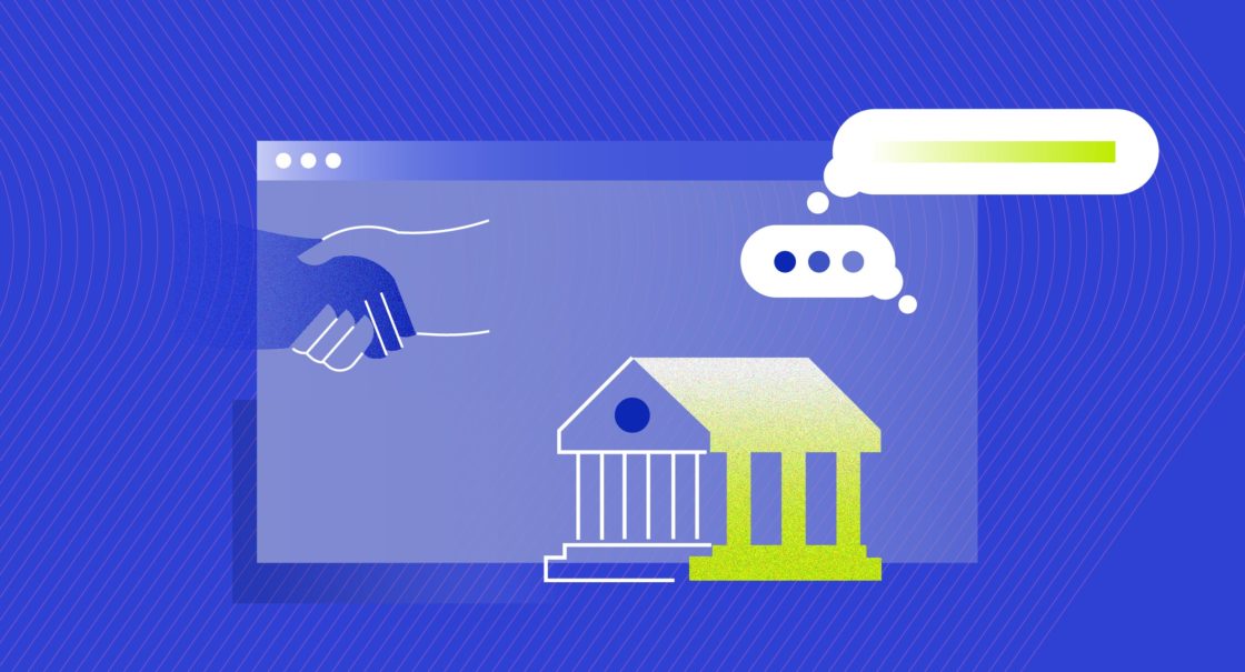 Illustration of a handshake over a browser window