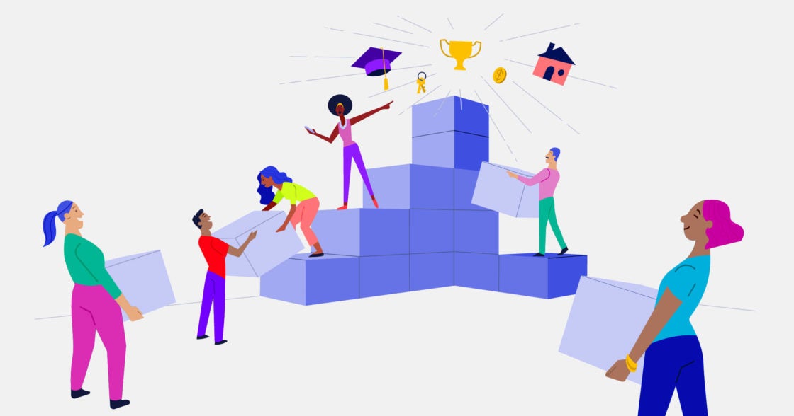 Illustration of people building steps to financial products with the consumer banking suite.
