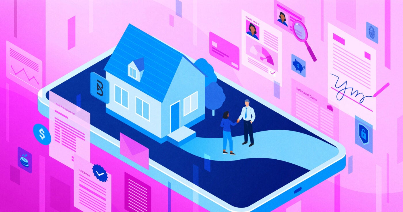 Illustration of floating phone with house and people on top with pink background