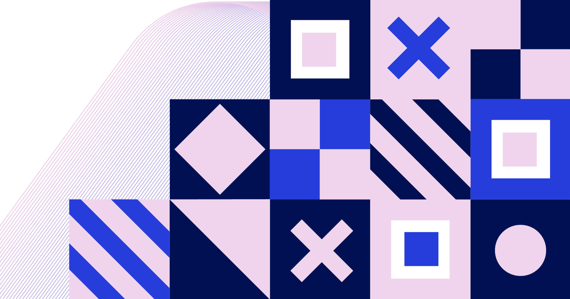 A series of squares are stacked on top of each other, each with a different design overlaid inside of the square. There is a light pink square with diagonal stripes, next to a square made up of two dark blue and light pink triangles. To the right of this, there is a dark blue square with a pink 'x' in the middle. The design continues, with 3 rows total and 3, 4, and 5 squares in each row from the top to bottom of the card.