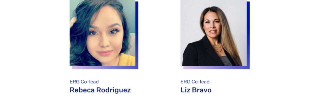 White rectangular cards featuring headshots of Blendisimo ERG Co-leads Liz Bravo and Rebecca Rodriguez 