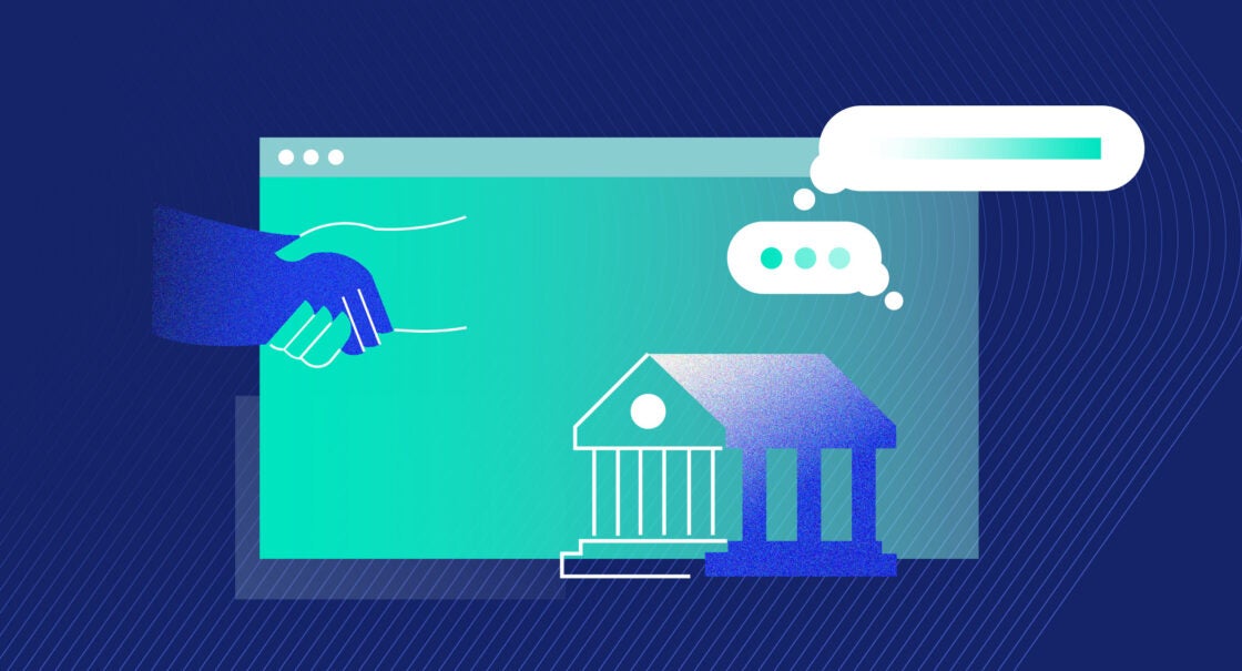 Illustration of a handshake over a browser window