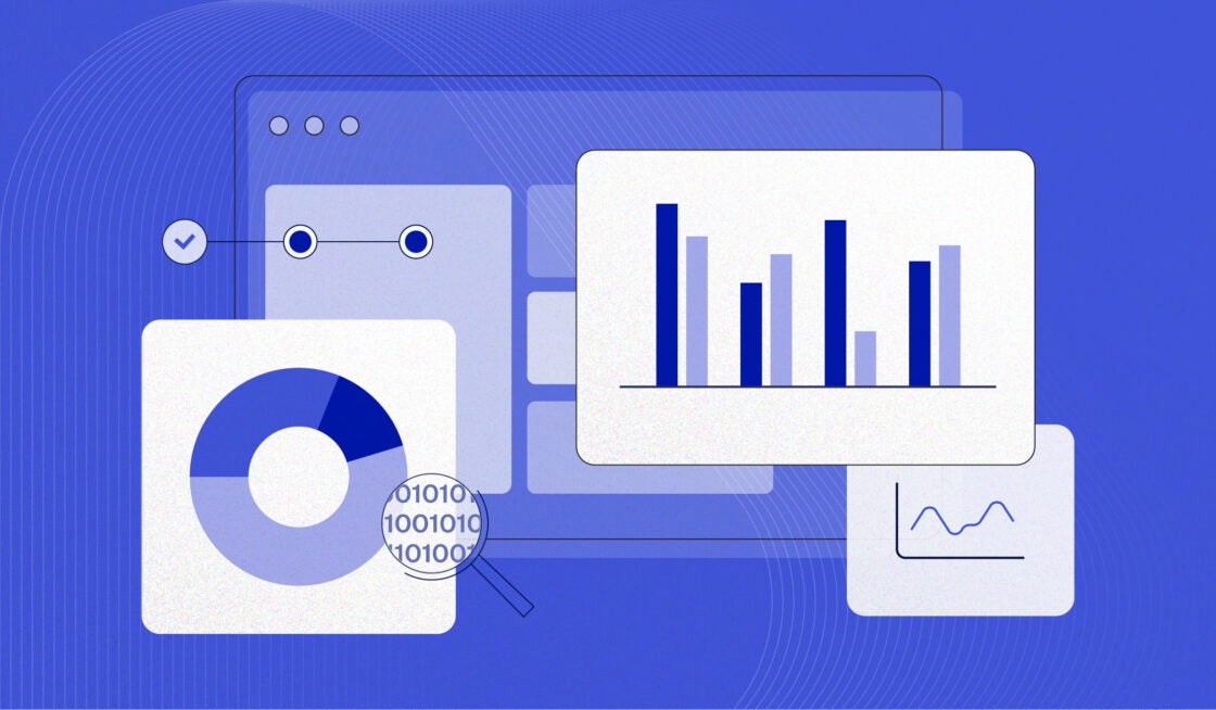Purple illustration with data including a bar graph and line graph