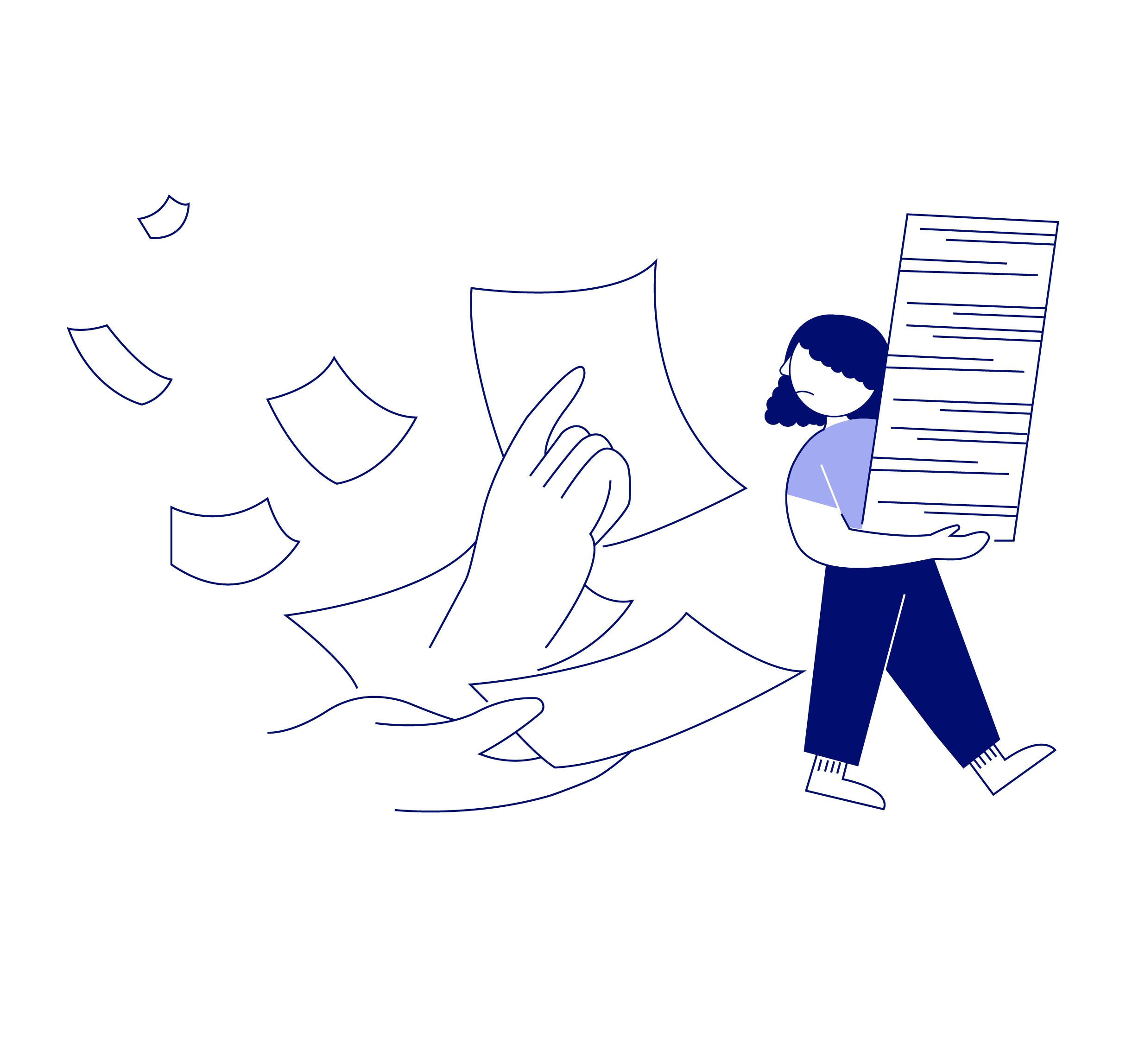Illustration of woman with curly hair wearing pants carrying a large piece of paper being followed by more paper and pointing hands