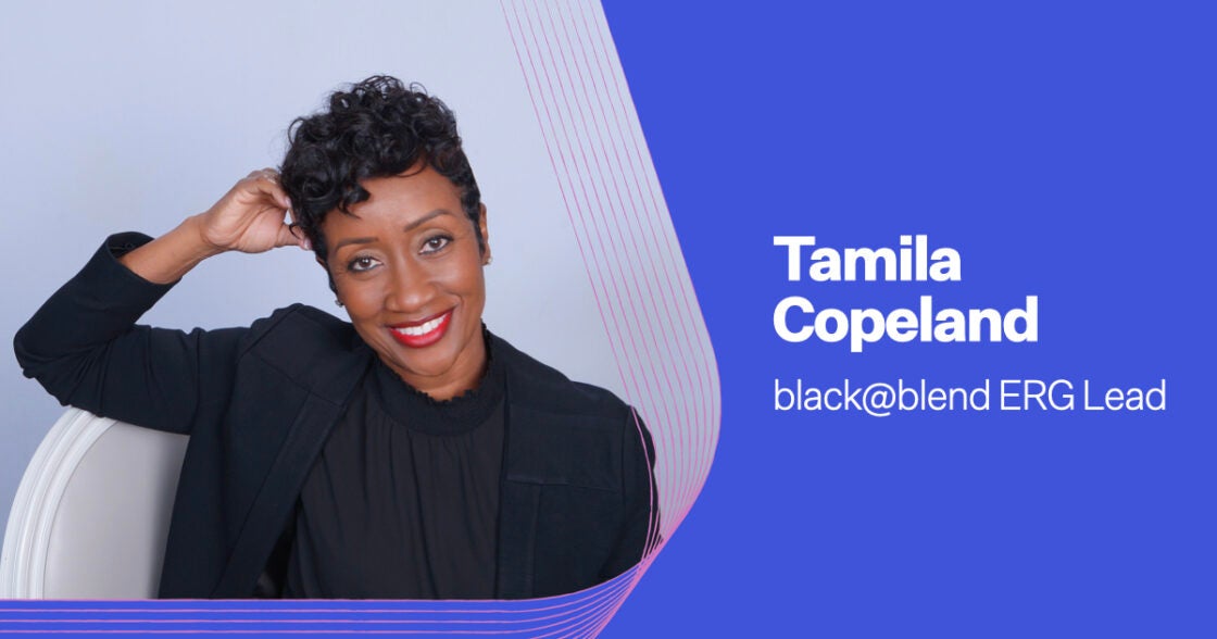 Rectangular card featuring a hadshot of Tamila Copeland on the left and a blue background on the right with white text that reads Tamila Copeland black@blend ERG Lead with pink wavy lines in the middle