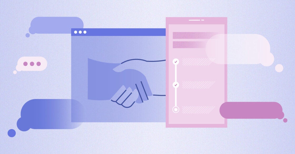 Pink and purple-colored illustration of diverse voices feeding into a final product