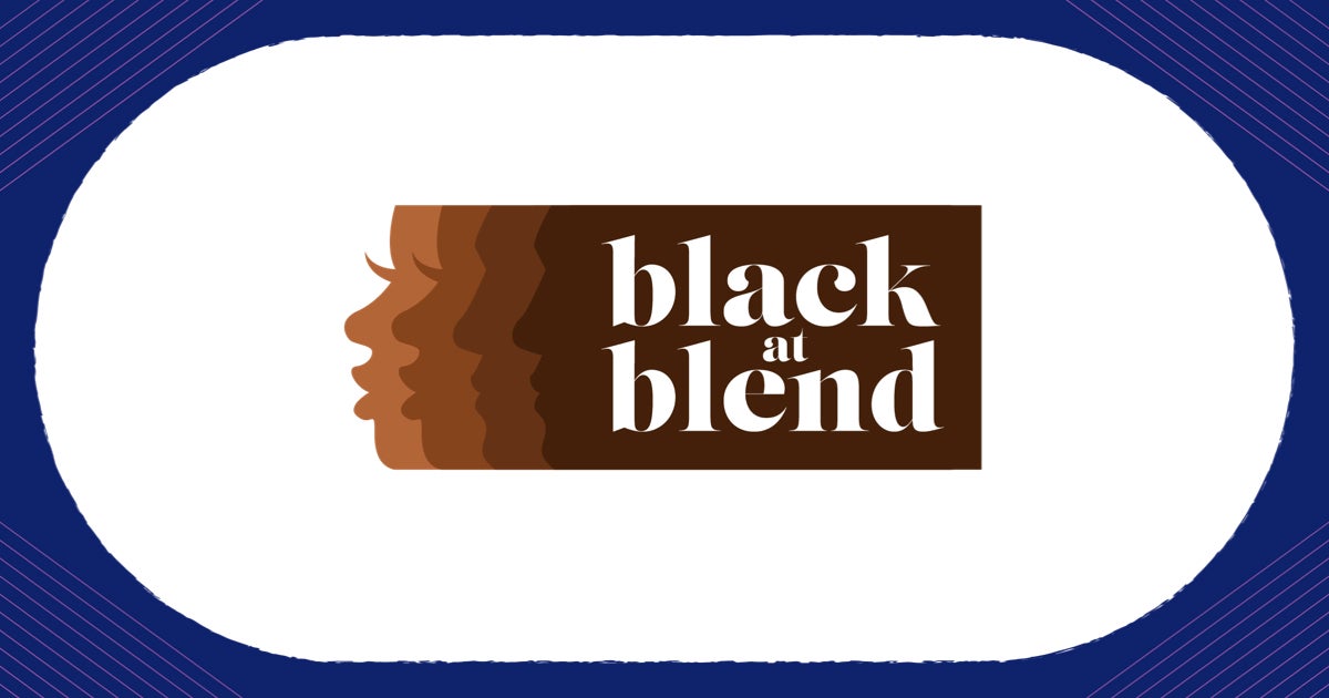 Black at Blend logo with multi-skin tone silhouettes centered on a white background with a navy blue border