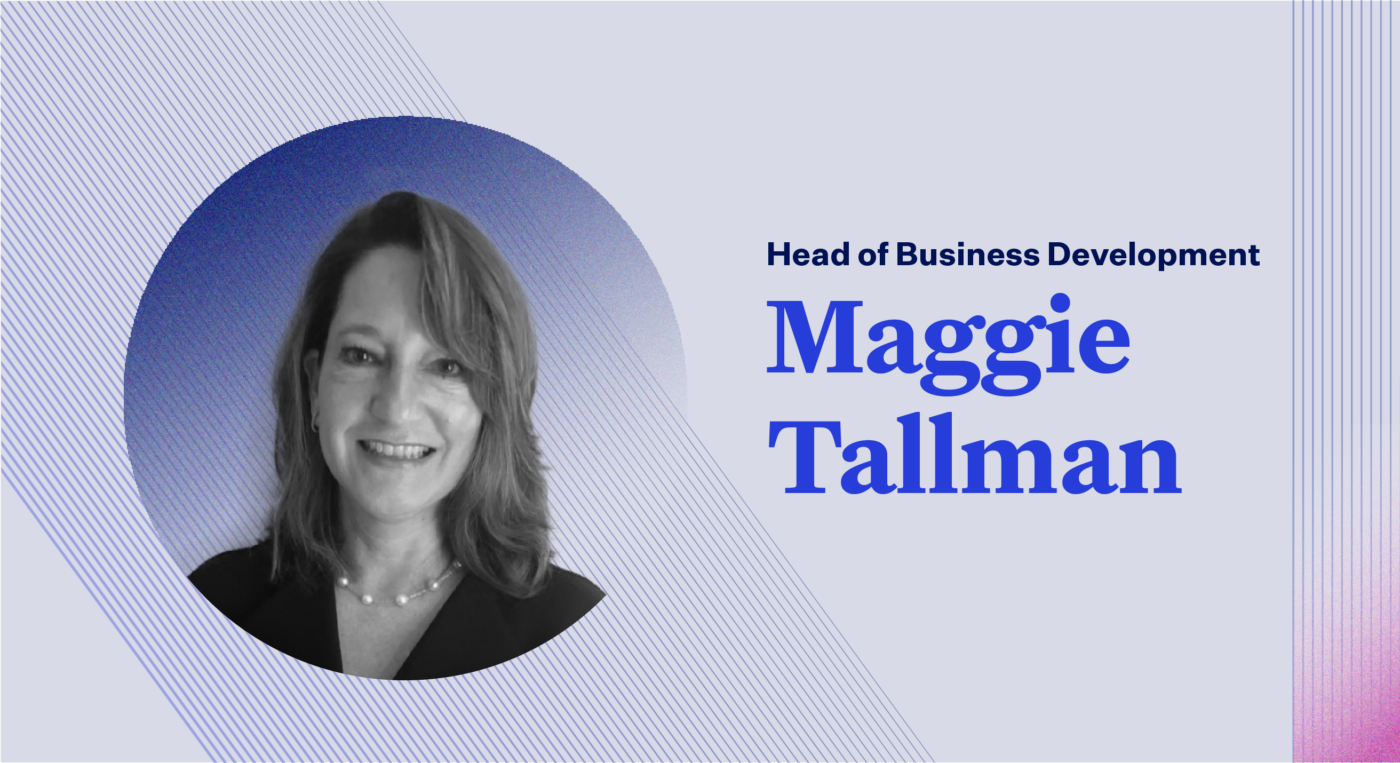 Purple rectangular square featuring Maggie Tallman's name, headshot, and title (Head of Business Development)