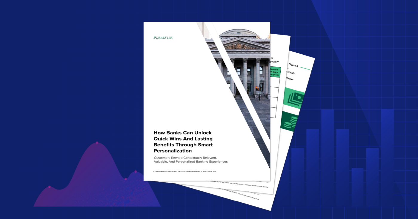Preview of Forrester report How banks can unlock quick wins and lasting benefits through smart personalization atop navy blue background with graph imagery