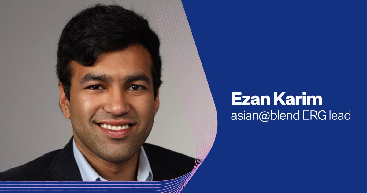 Navy blue rectangular card with Ezan Karim's headshot on the left side and white text on the right side that reads Ezan Karim asian@blend ERG Lead