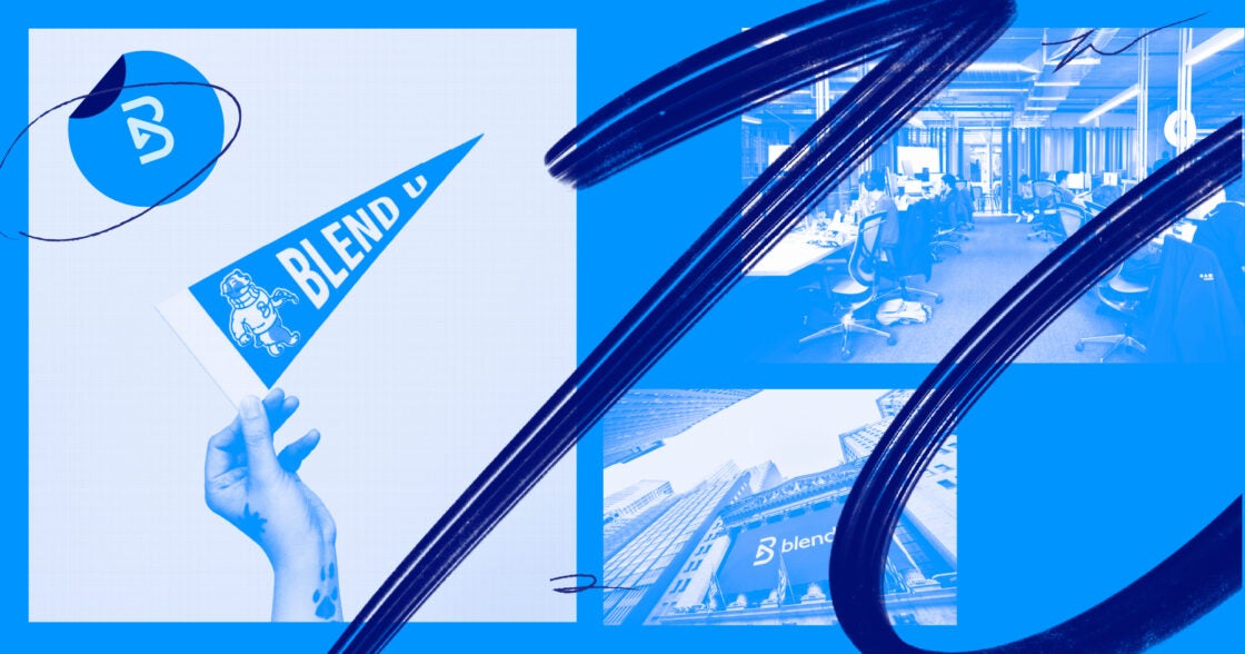 Abstract graphic of Blend U flag, photo in-office, and NYSE banner with blue color overlay and a 