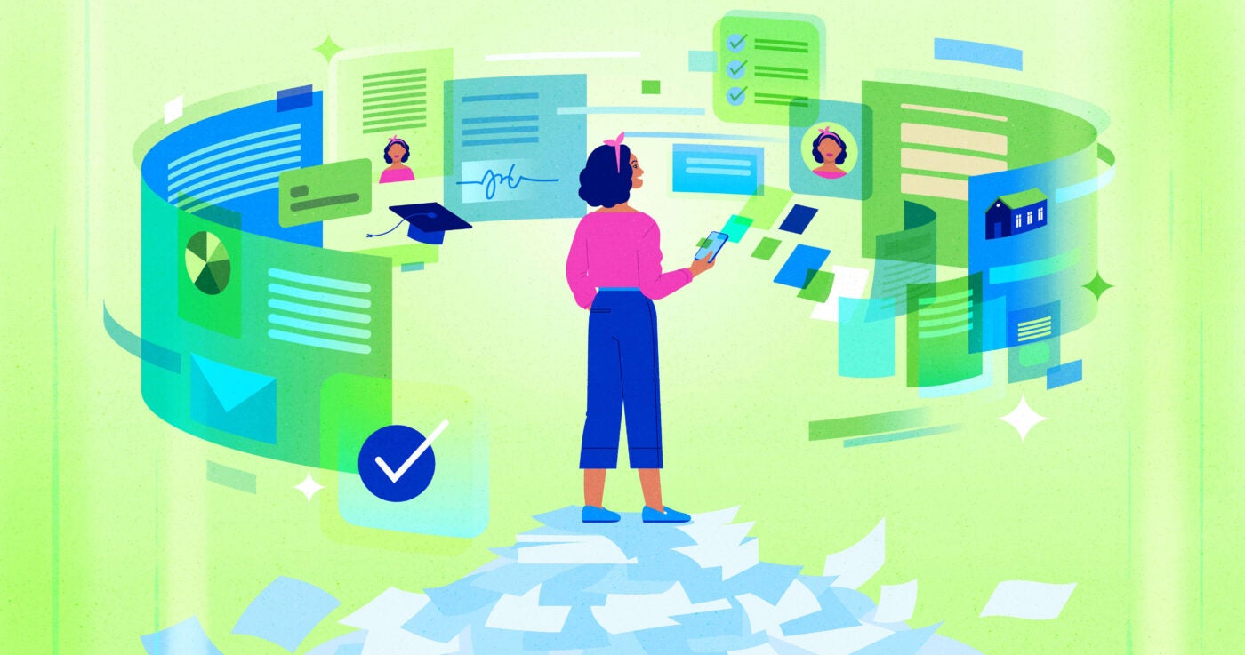 Illustration of woman standing on top of a stack of papers surrounded by swirling digital capabilities