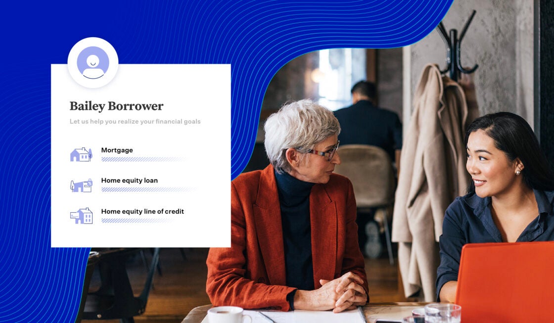 Image of woman with white hair talking to asian woman with black hair in a coffee shop with a blue wave illustration and a financial goals selection box to the left