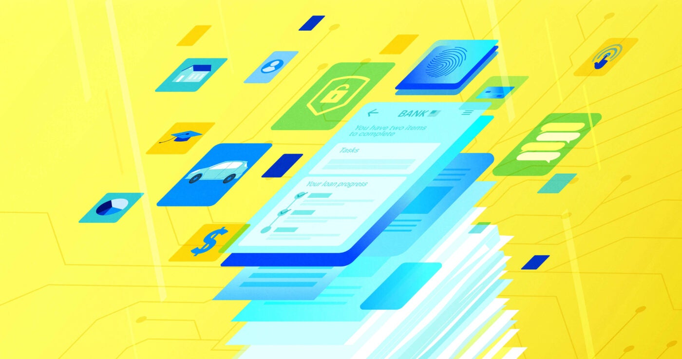 Illustration of a stack of paper turning digital on top of a yellow colored backgorund