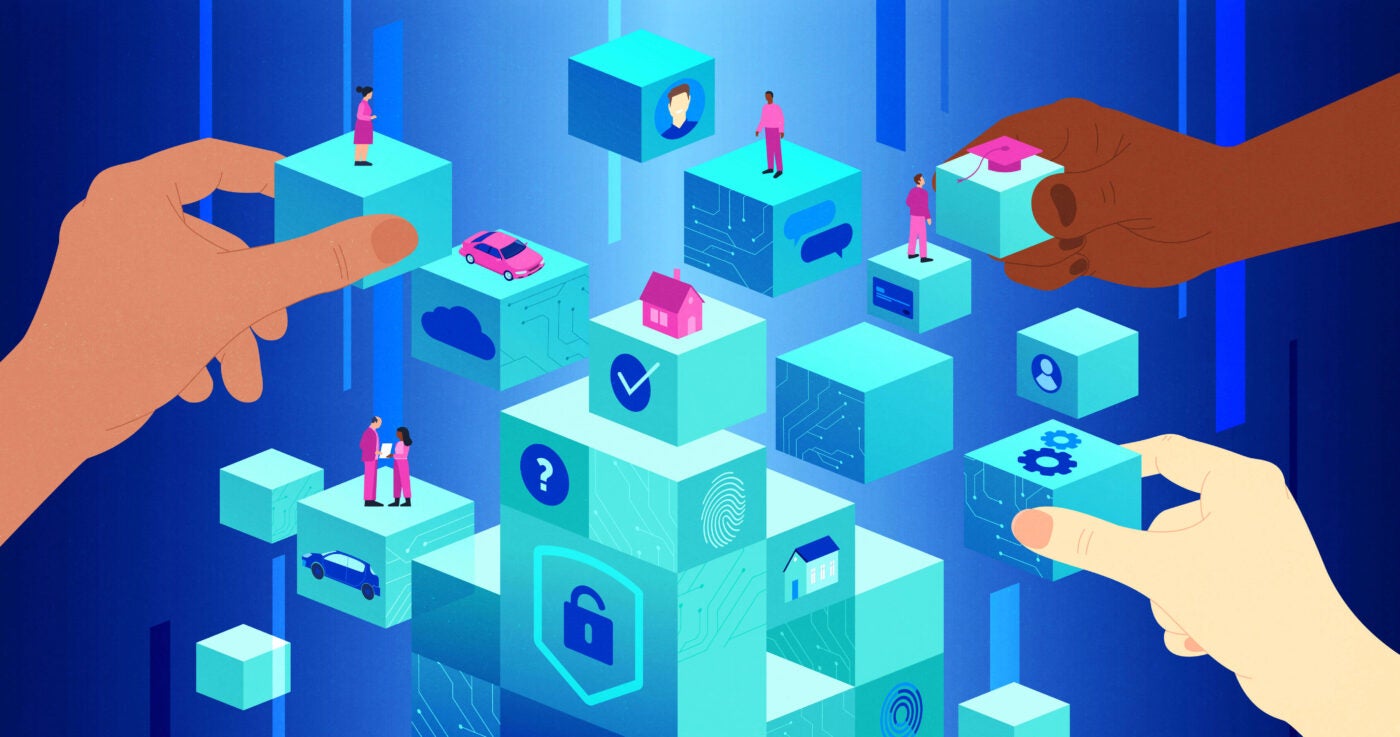 Illustration of building blocks digital with various people, verification, house, and security icons on top of each with a blue color theme