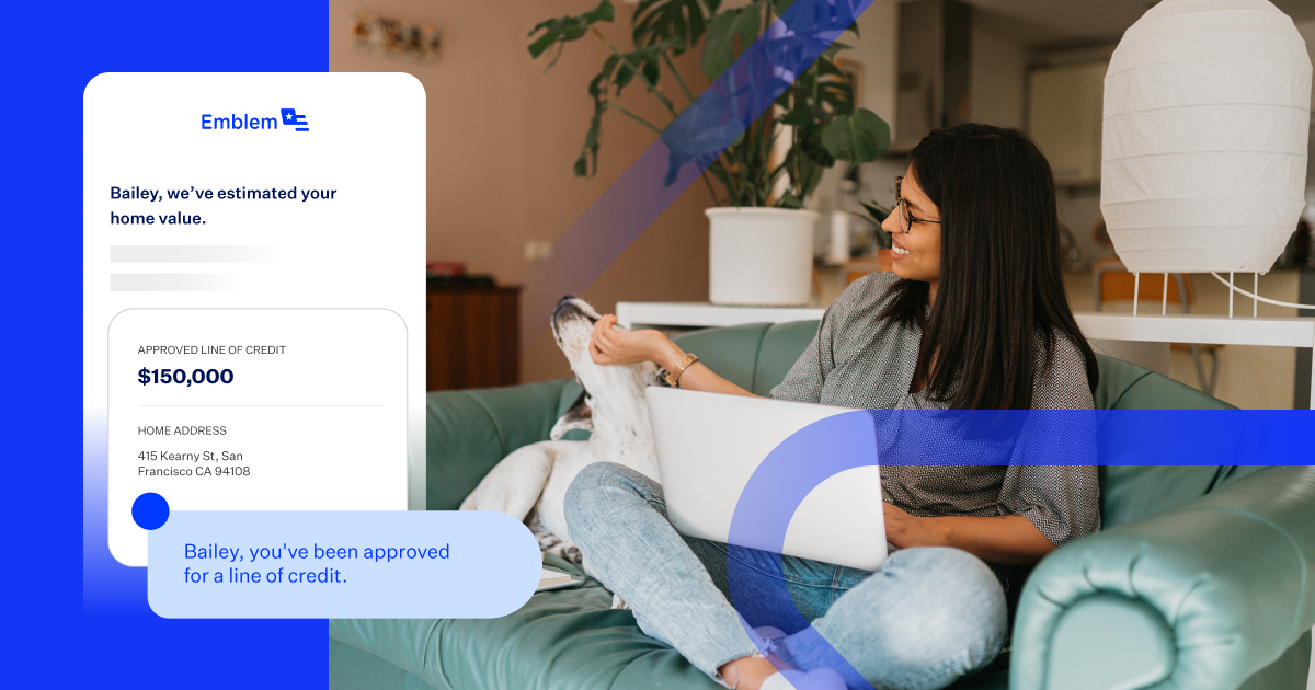 Image of woman on couch with her dog and laptop with an approval message for a $150,000 line of credit on an illustrated phone screen