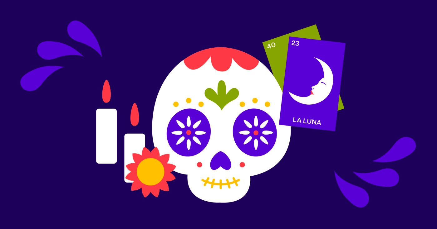 Purple rectangular card with illustration of painted skull candles and lotería cards in honor of Día de los Muertos