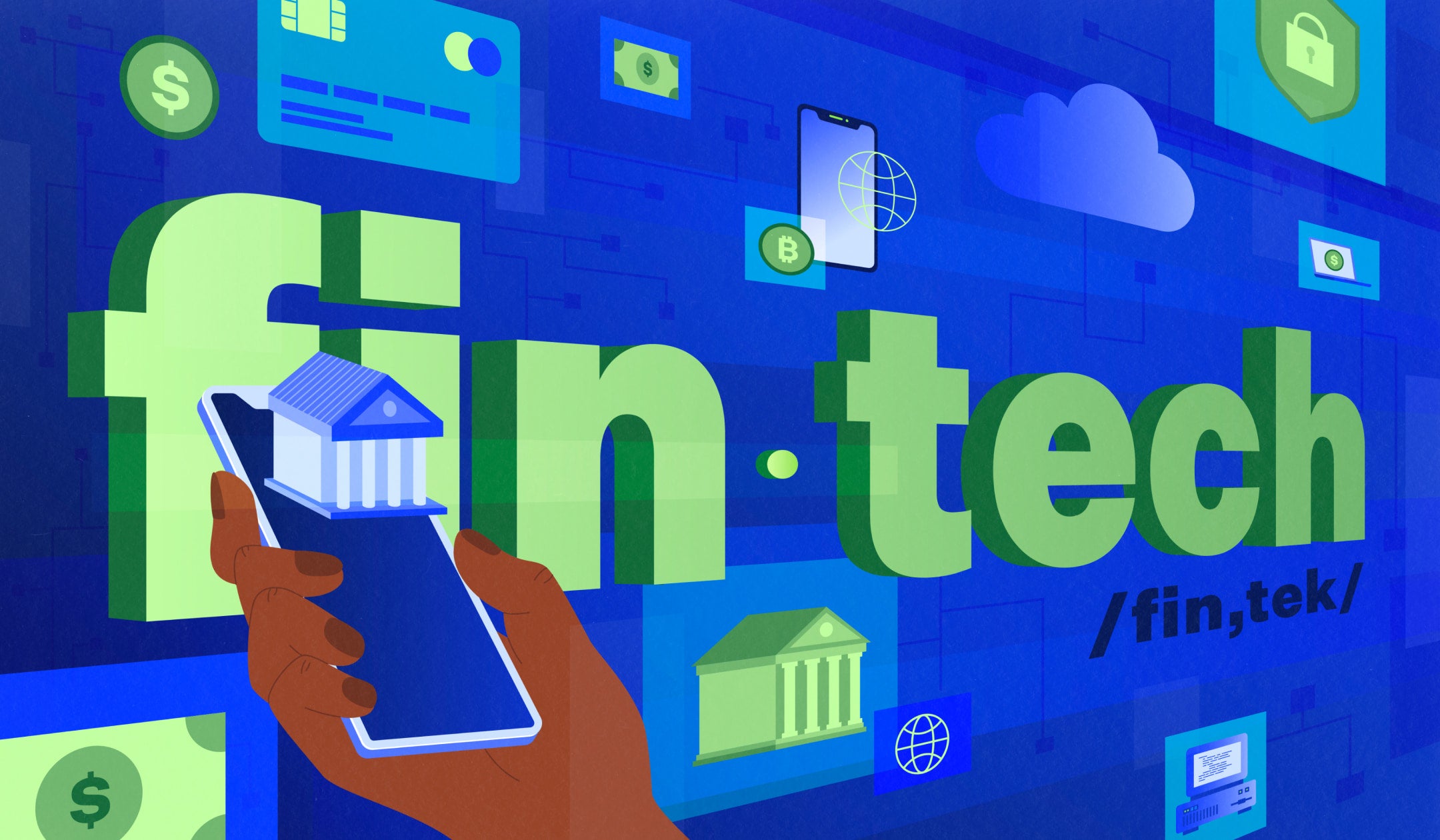 Blue rectangular card with the word fin-tech in green and 3D renderings of a phone and associated digital banking tools