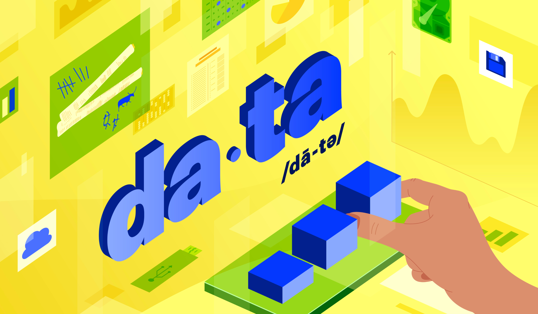 Yellow rectangular card with the word da-ta in 3D blue surrounded by illustrations of building blocks and old and new digital data