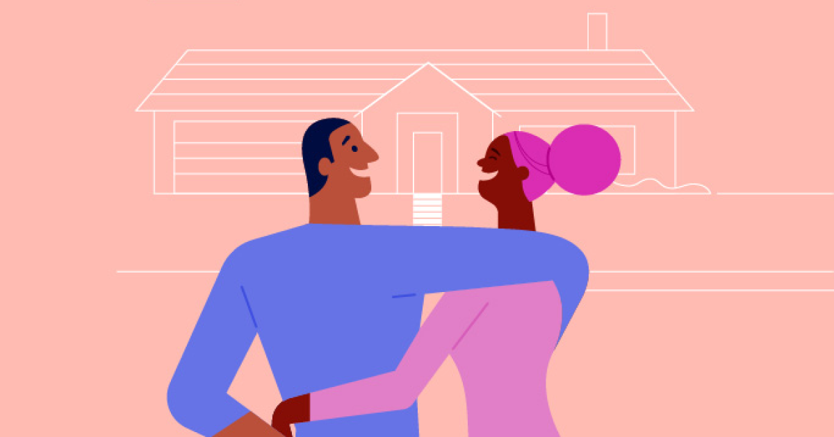 Illustration of man and woman hugging in front of their new home on top of a pink background