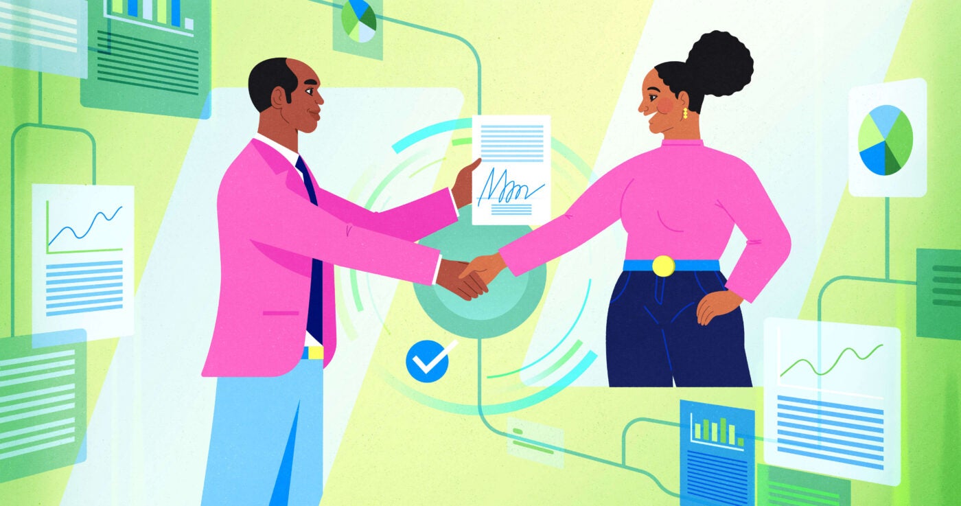 Illustration of man and woman shaking hands with bank document