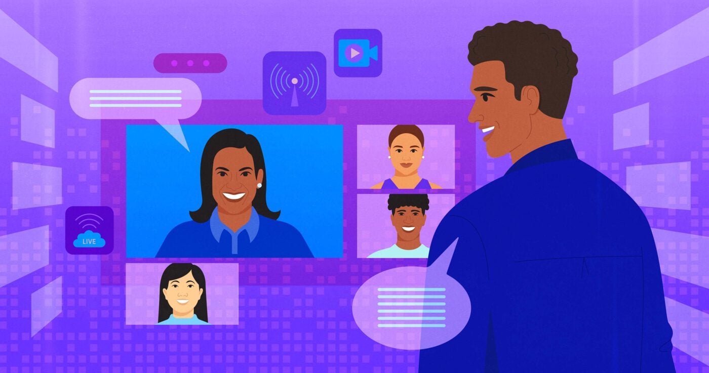 Illustration of webinar screen with multiple speakers on top of a purple background