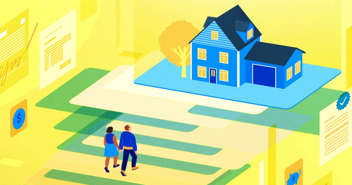 Yellow rectangular card featuring illustration of couple walking up to a blue house