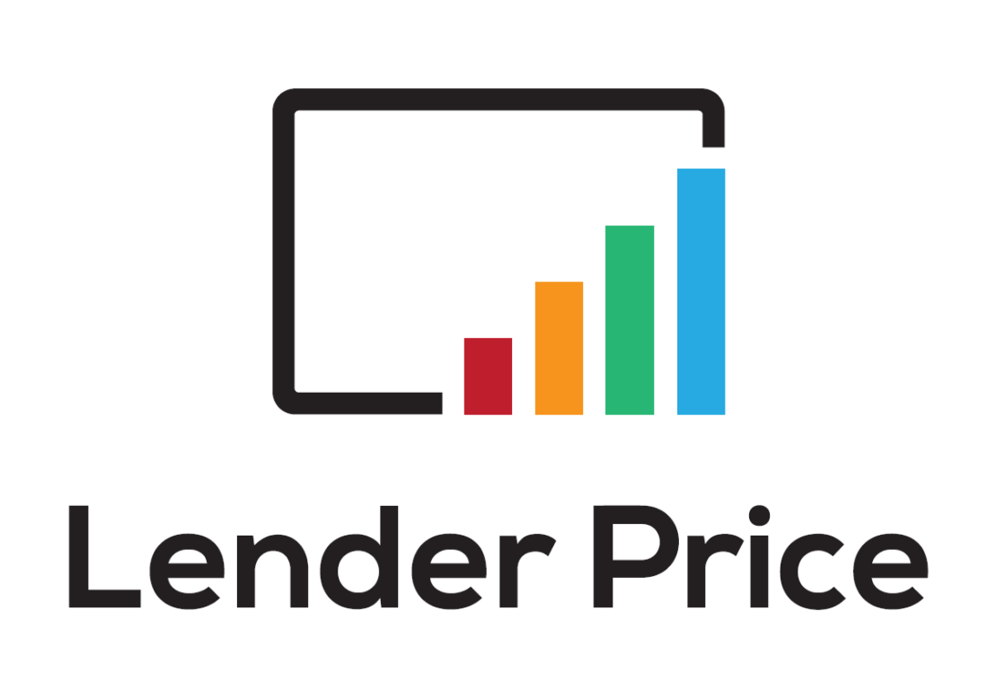 Lender Price Logo with stacked rainbow bar chart and black square outline