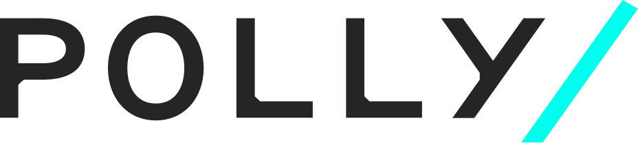 Polly logo in black color with a light blue slash mark after it