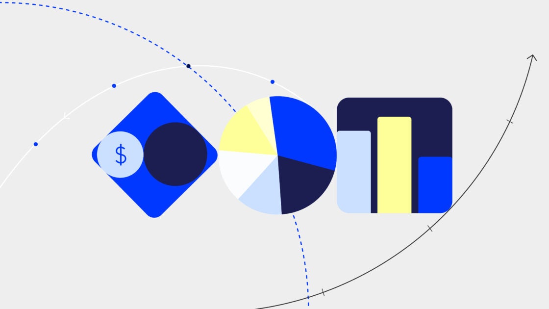 Grey rectangular image featuring illustration of blue and yelloe circles and squares with pie charts and graphs inside of them