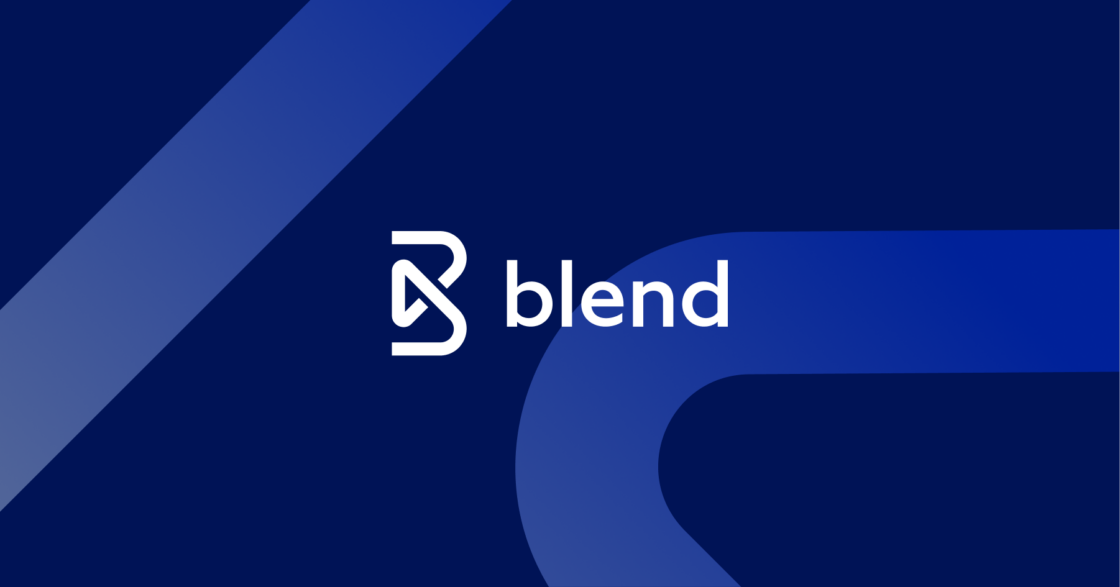 Blue rectangular card with light gradient blue thick lines and Blend logo in middle