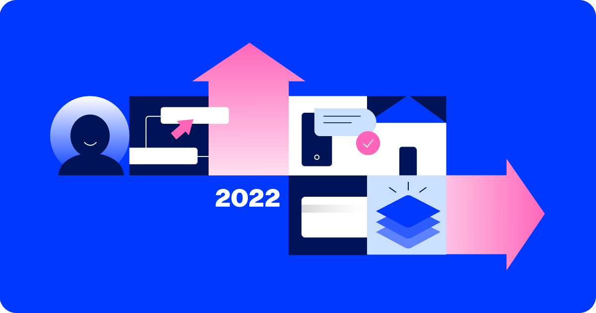 Rectangular blue card with illustrations of a person's profile, instant approval, a house, credit cards, and more, with white text that reads "2022"