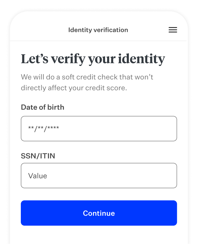 Identity verification soft credit check product screen