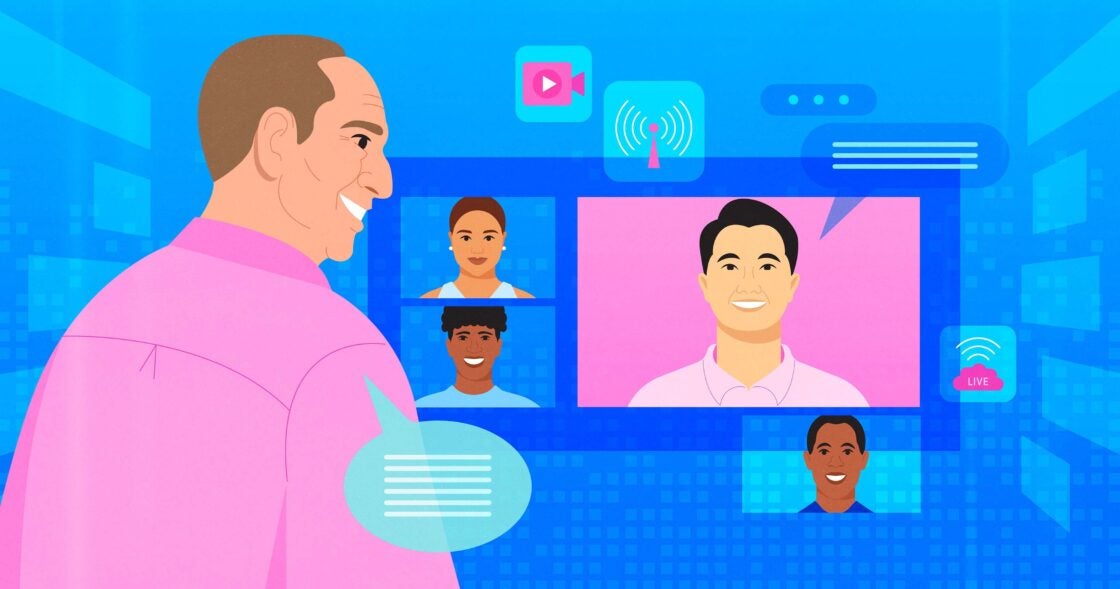 Illustration of webinar screen with multiple speakers on top of a blue background
