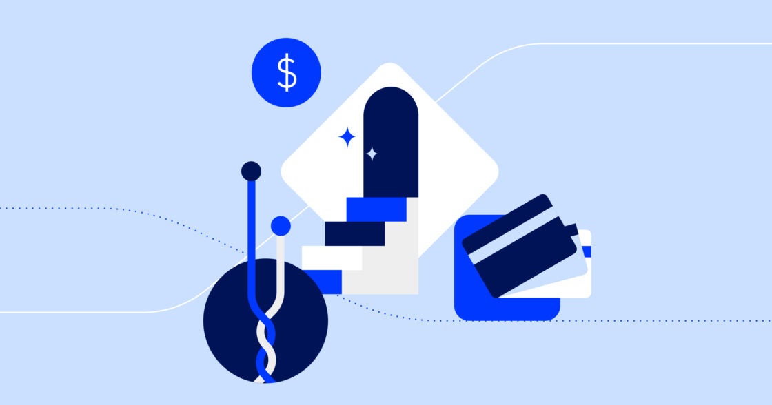 Light blue rectangular card featuring illustrations of credit cards and money signs
