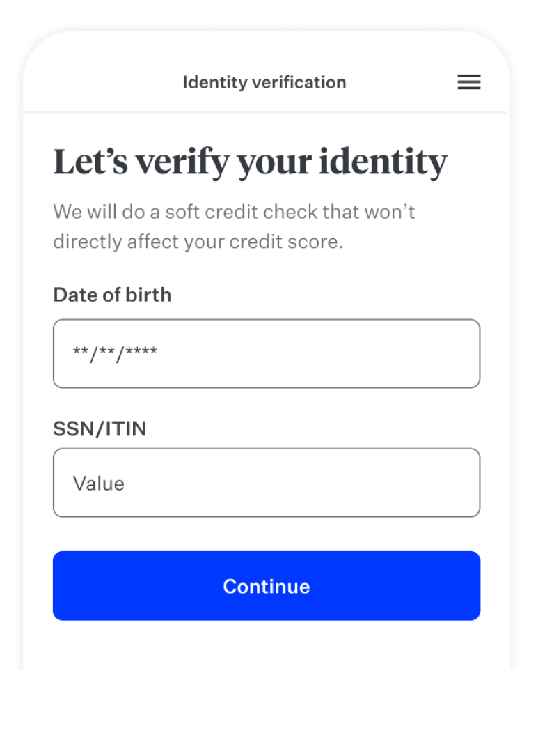 Product screen that features identity verification