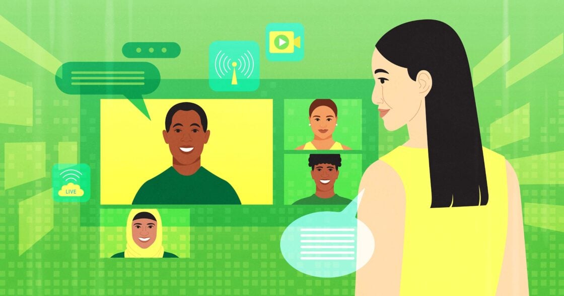Illustration of webinar screen with multiple speakers on top of a green background