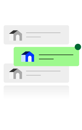 Illustration of three blocks with text and house icons