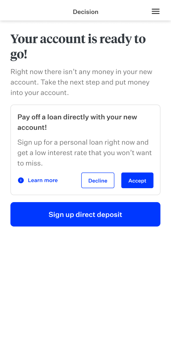 Decision product screen reading 'Your new account is ready to go!"
