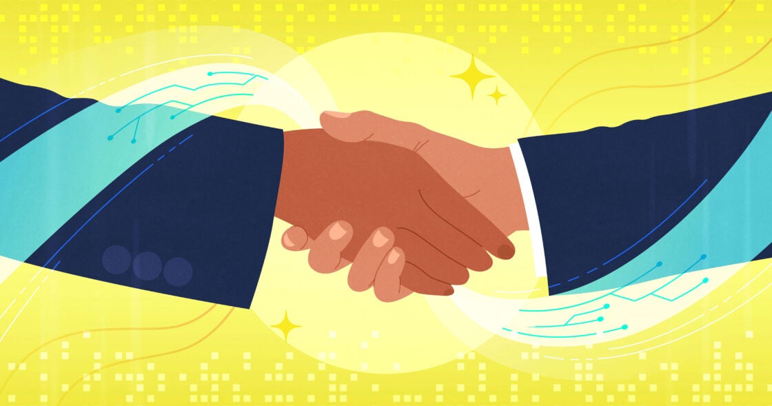 Yellow rectangular card with an illustration of two hands shaking with business suit arms