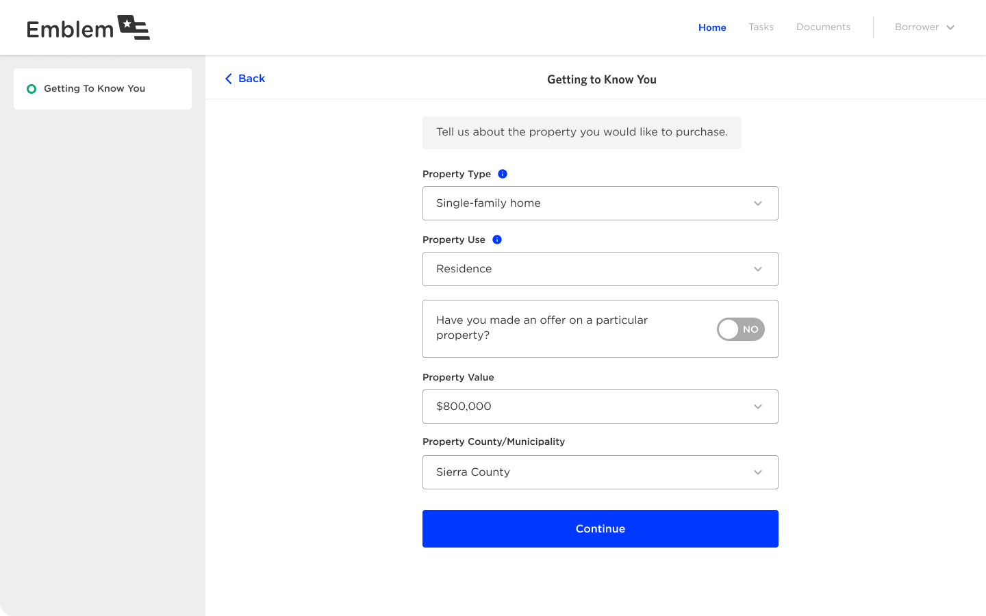 Product screen featuring property intake form