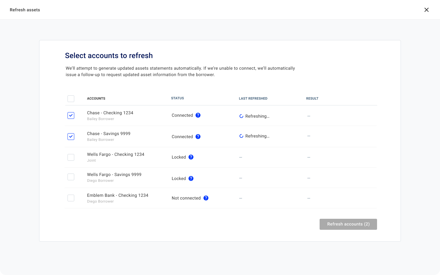 Product screen featuring selection of which accounts to refresh